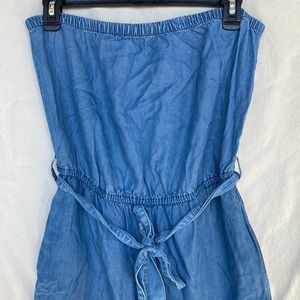 Chambray Denim Wide Leg Palazzo Strapless Jumpsuit Romper w/pockets